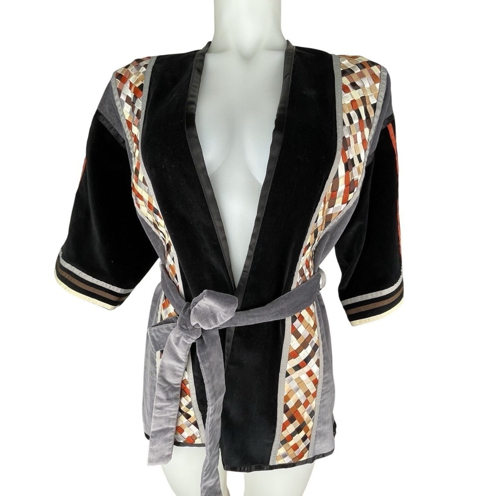 Vintage 70s Boho Velvet Jacket KimonoTie Waist FIT XS Cotton (See Flaws